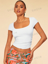 Square Neck Ruched Side Crop Tee